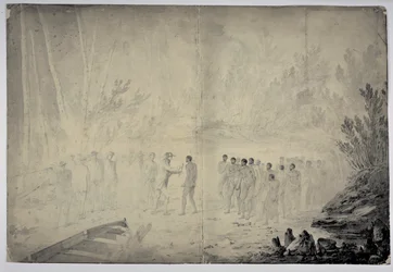 Entrevue du capitaine Cook avec des indigènes à Adventure Bay, Terre de Van Diemen, 29 janvier 1777, vers 1777